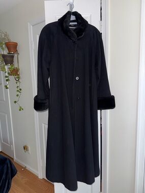 Vintage Black Wool Coat Fur Trim Long Maxi Coat Steve by Searle Size 6